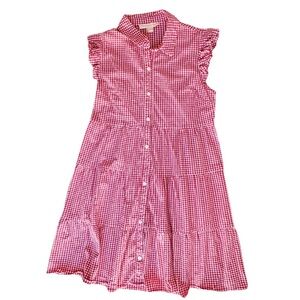 Monteau LA Girls Large Red Gingham Checked Dress Tiered Ruffle Button Front
